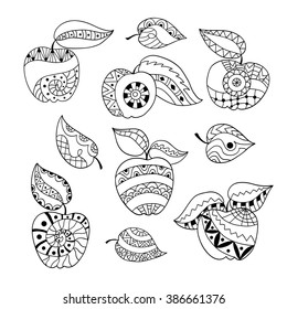 Hand drawn set of apples for anti stress colouring page. Pattern for coloring book. Illustration in zentangle style. Black and white background.