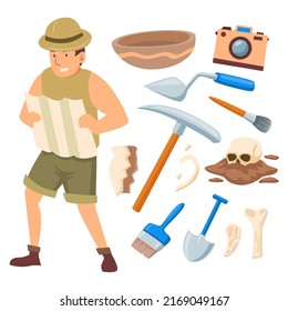 Hand drawn set of Archaeologist Objects Character Elements,  Vector illustration set with camera, brush, bones, skill, trowel, map and pickaxe