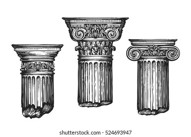 Hand drawn set architectural classical orders. Sketch vector illustration