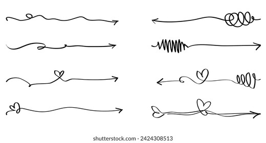 Hand drawn set of Arrow, Border, underline, curly swishes, swashes, swoops. swirl,  Highlight text elements. doodle vector illustration