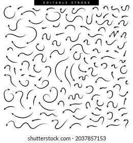 Hand drawn Set of Arrow Elements in Doodle Style. Editable Stroke Vector illustration