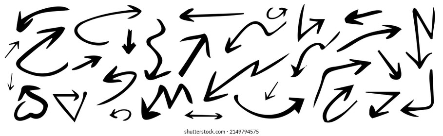 Hand drawn set of arrows. Collection black arrow on white background. Vector illustration.