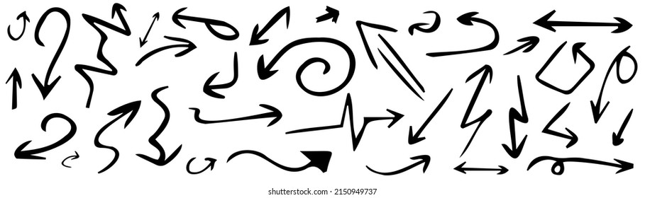 Hand drawn set of arrows. Collection black arrow on white background. Vector illustration.