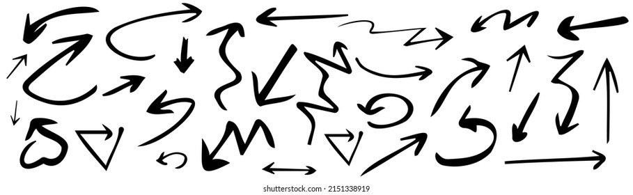 Hand drawn set of arrows. Collection black arrow on white background. Vector illustration.