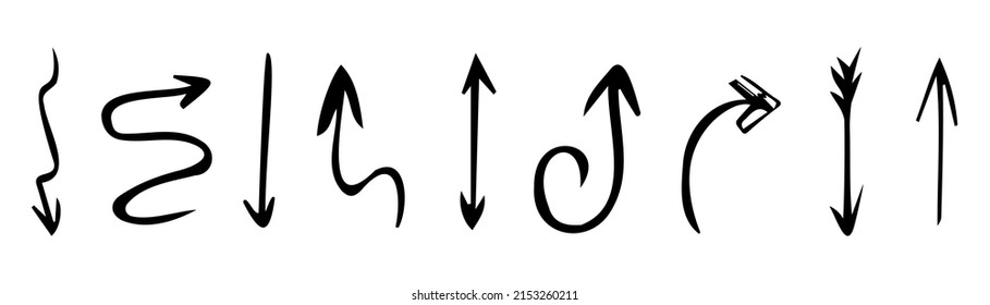 Hand drawn set of arrows. Collection black arrow on white background. Vector illustration.