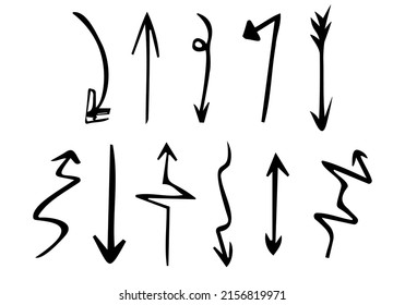 Hand drawn set of arrows. Collection black arrow on white background. Vector illustration.