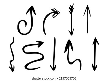 Handgezeichneter Satz von Pfeilen. Kollektion, schwarzer Pfeil auf weißem Hintergrund. Vektorgrafik.