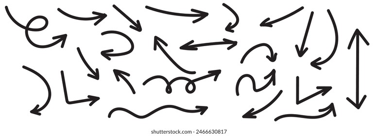 Hand drawn set of arrows. Collection black arrow on white background. Vector illustration.