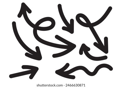 Handgezeichnete Pfeile. Kollektion schwarzer Pfeil auf weißem Hintergrund. Vektorillustration.