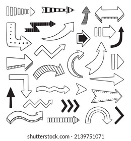 Hand drawn set of arrows doodle. Vector illustration isolated on white background.