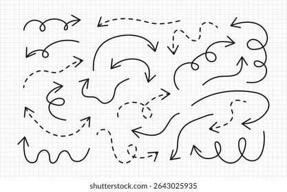 Hand drawn set of Arrows on a checkered notebook background. Editable strokes and direction markers for back to school banners posters cards. Doodle dotted lines. Long curves Pointers in black color