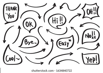 Hand drawn set of arrows and speech bubbles with dialog words:Thank you, bye, ok, Vector illustration.