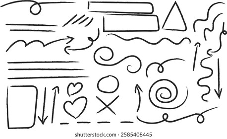 Hand drawn set of arrows and symbols. vector collection of design elements with arrows, ovals, frames.
