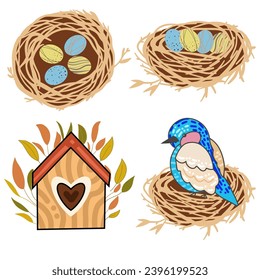Hand drawn set art of bird nest