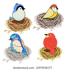 Hand drawn set art of bird nest