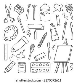 Hand drawn set of artist tools doodle. Art supplies in sketch style. Easel, brushes, paint, pencils. Vector illustration isolated on white background.