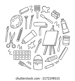 Hand Drawn Set Of Artist Tools Doodle. Art Supplies In Sketch Style. Easel, Brushes, Paint, Pencils. Vector Illustration Isolated On White Background.