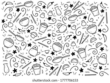 Hand drawn set of Asian food elements, wok, ramen, noodle, soy. Doodle sketch style. Asian food element drawn by digital pen. Vector illustration for menu, frame, recipe design.