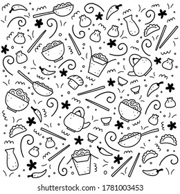 Hand drawn set of Asian food elements, wok, ramen, noodle, soy. Doodle sketch style. Asian food element drawn by digital pen. Vector illustration for menu, frame, recipe design.