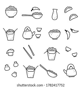 Hand drawn set of Asian food elements, wok, ramen, noodle, soy. Doodle sketch style. Asian food element drawn by digital pen. Vector illustration for menu, frame, recipe design.