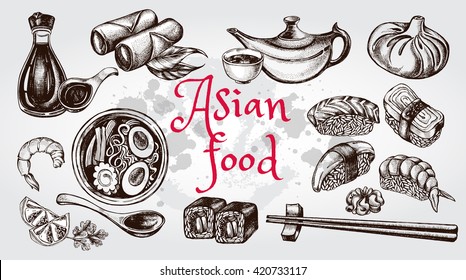 Hand drawn set of Asian food. Sushi, soy sauce, ramen soup, 
spring rolls, Chinese dumplings, wasabi, tea, chopsticks. Vector illustration.