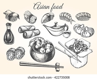 Hand drawn set of Asian food. Sushi, soy sauce, miso soup, spring rolls, Chinese dumplings, noodles wok, tea, chopsticks. Vector illustration.