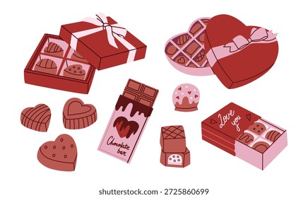 Conjunto de chocolates de San Valentín surtidos a mano en diferentes Formas, barras y cajas. Postres de cacao dulce, Ilustración vectorial moderna con Elementos de diseño aislados sobre fondo blanco.