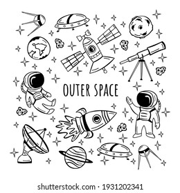 Hand drawn set with astronaut, satellite, rocket and planets in doodle style. Collection of hand drawn doodles outer space.