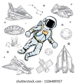 Hand drawn set astronaut and spaceship on a white background