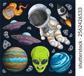 Hand drawn set of astronomic collection, alien, planets, astronaut suit, space rocket in outer space