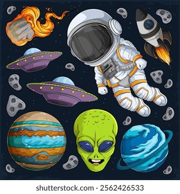 Hand drawn set of astronomic collection, alien, planets, astronaut suit, space rocket in outer space