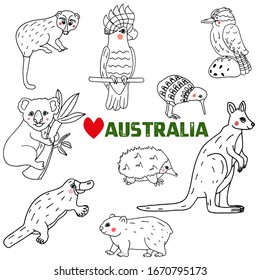 Hand drawn set of Australian animals: opossum, kangaroo, cockatoo, koala, kiwi, kookaburra, echidna,platypus, 
wombat. Isolated objects on white background. Cartoon creative characters.