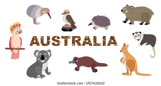 Hand drawn set of Australian animals and Australia sign with traditional aboriginal symbols. Cartoon style vector isolated clipart on white background.