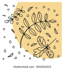 Hand drawn set of autumn leaves isolated on white background with yellow round for print, banners, template. Doodle vector illustration