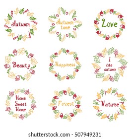 Hand drawn set of autumn mandalas with leaves,acorns. Art templates circles. Vector illustrations design