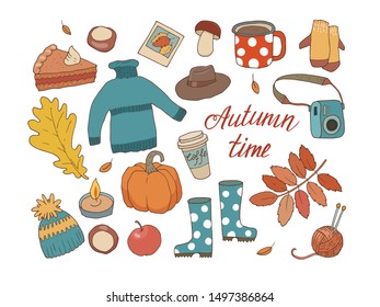 Hand drawn set of autumn objects with hand lettering - Autumn time