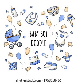 Hand drawn set of baby elements icons in doodle sketch style. Vector illustration for icon, background, frame design.