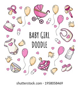 Hand drawn set of baby elements icons in doodle sketch style. Vector illustration for icon, background, frame design.