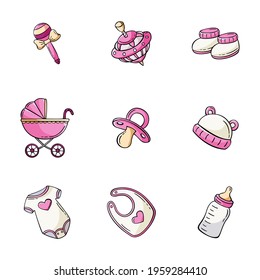 Hand drawn set of baby elements icons in doodle sketch style. Vector illustration for icon, background, frame design.