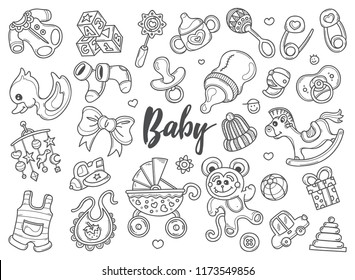 Hand drawn set of Baby Gear doodles in vector. in this image you can get all the funny and adorable pictures for your design background needs. very good for greeting card designs.