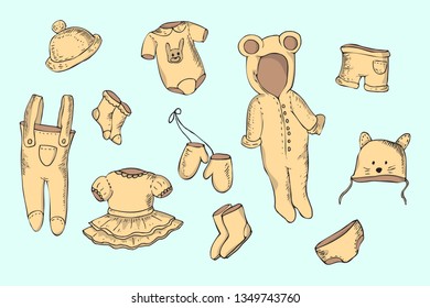 Hand drawn set of baby and newborn clothes.  