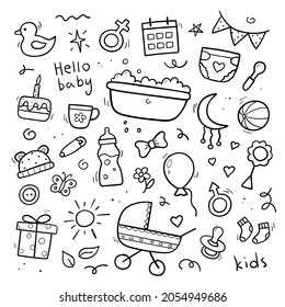 Hand drawn set baby and newborn doodle. Sketch style. Baby stroller, diaper, dummy, rattle, milk bottle, ball. Vector illustration.