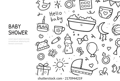 Hand drawn set baby and newborn doodle. Sketch style. Horizontal banner template. Vector illustration.