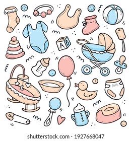 Hand Drawn Set Of Baby Shower Things, Toy, Rattle, Milk Bootle, Clothes. Comic Doodle Sketch Style. Baby Element Drawn By Digital Brush-pen. Cute Illustration For Icon, Background, Frame Design.