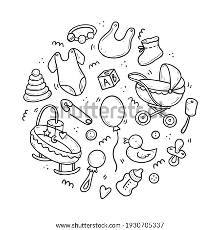 Hand drawn set of baby shower things, toy, rattle, milk bootle, clothes. Comic doodle sketch style. Baby element drawn by digital brush-pen. Cute illustration for icon, background, frame design.
