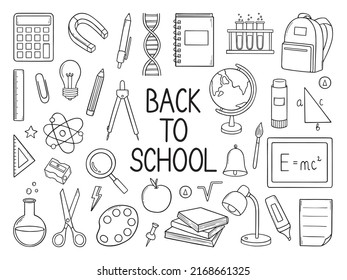 Hand drawn set of Back to school doodle. School and Education supplies in sketch style. Vector illustration isolated on white background.