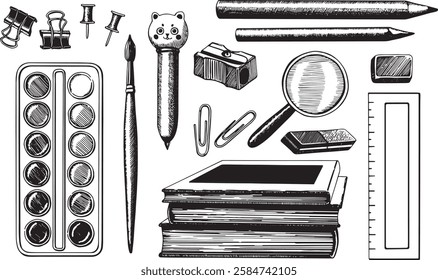 Hand drawn set back to school supplies, books, pen, pencil, watercolor paints, brush, eraser, clip. Black white illustration line draw. Isolated background. Stationery for decorating notebook vector