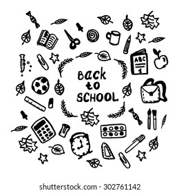 Hand drawn set BACK to SCHOOL with different object related to study. Vector illustration. 