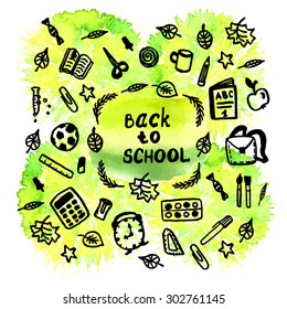 Hand drawn set BACK to SCHOOL with yellow and green background. Vector illustration. 
