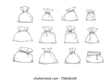 Hand Drawn Set Bag Vector Illustration, Canvas sack closeup